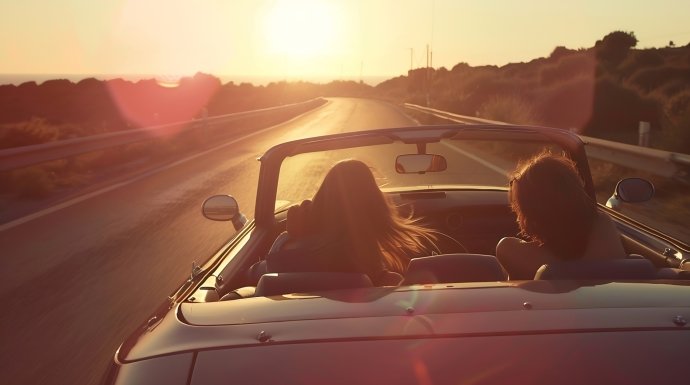 Covertible with the top down driving