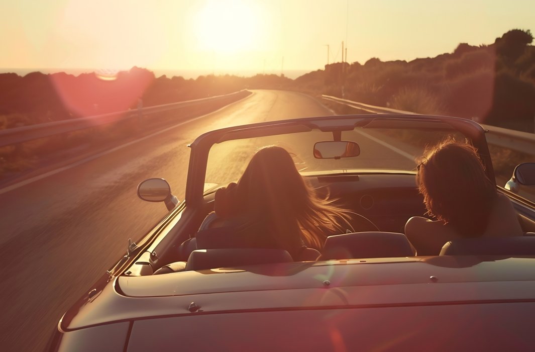 Covertible with the top down driving